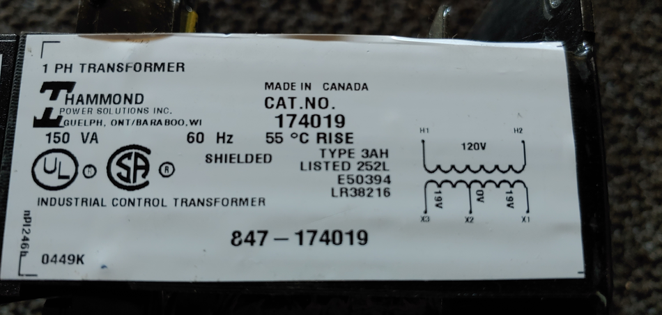 Hammond 150VA  1PH Transformer HV:120 LV:19V Cat No:174019 "Used"