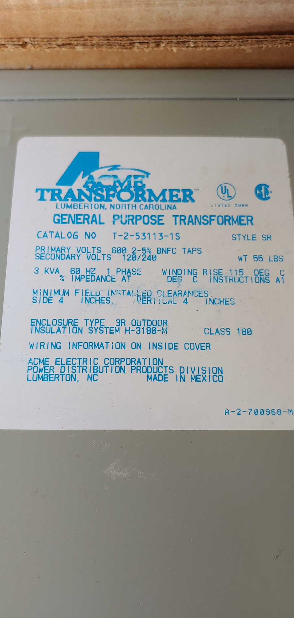 ACME Transformer T-2-53113-1S Style:SR  3Kva 1phase