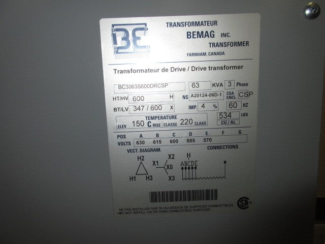 Bemag 3 Phase Transformer 63 KVA 600V to 347/600V Volts
