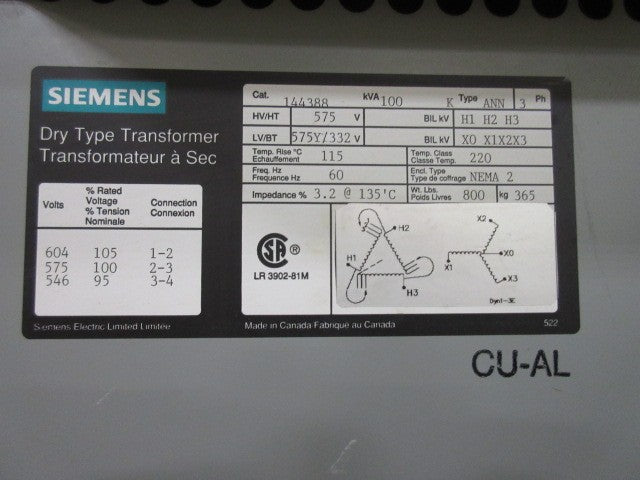 Siemens 3 Phase Transformer 100 KVA 575V to 332Y/575V Volts
