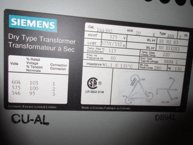 Siemens 3 Phase Transformer 20 KVA 575V to 332Y/575V Volts