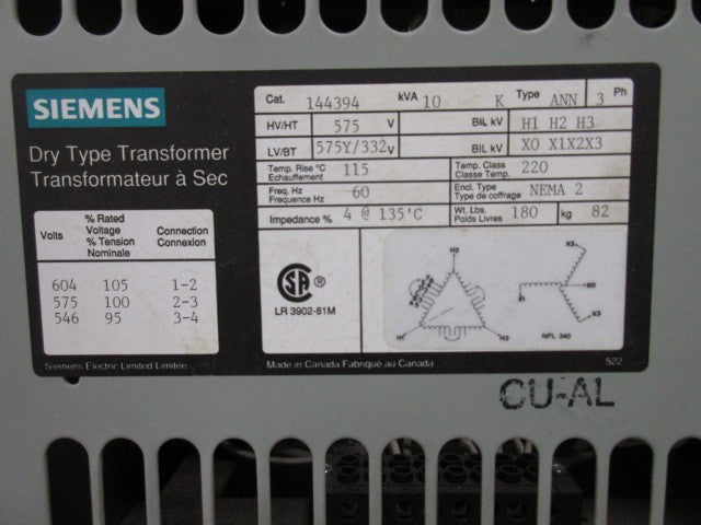 Siemens 3 Phase Transformer 10 KVA 575V to 332Y/575V Volts