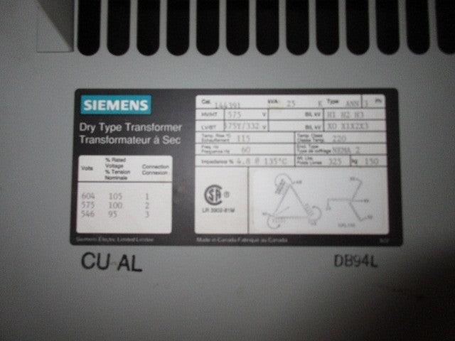 Siemens 3 Phase Transformer 25 KVA 575V to 332Y/575V Volts